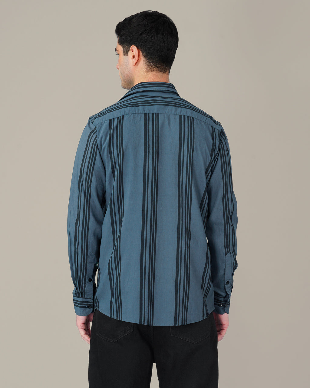 Slate Blue Vertical Striped Viscose-Nylon Blend Button-Up Shirt