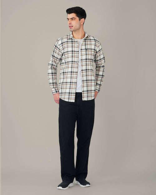 Beige and Black Plaid 100% Cotton Poplin Shirt