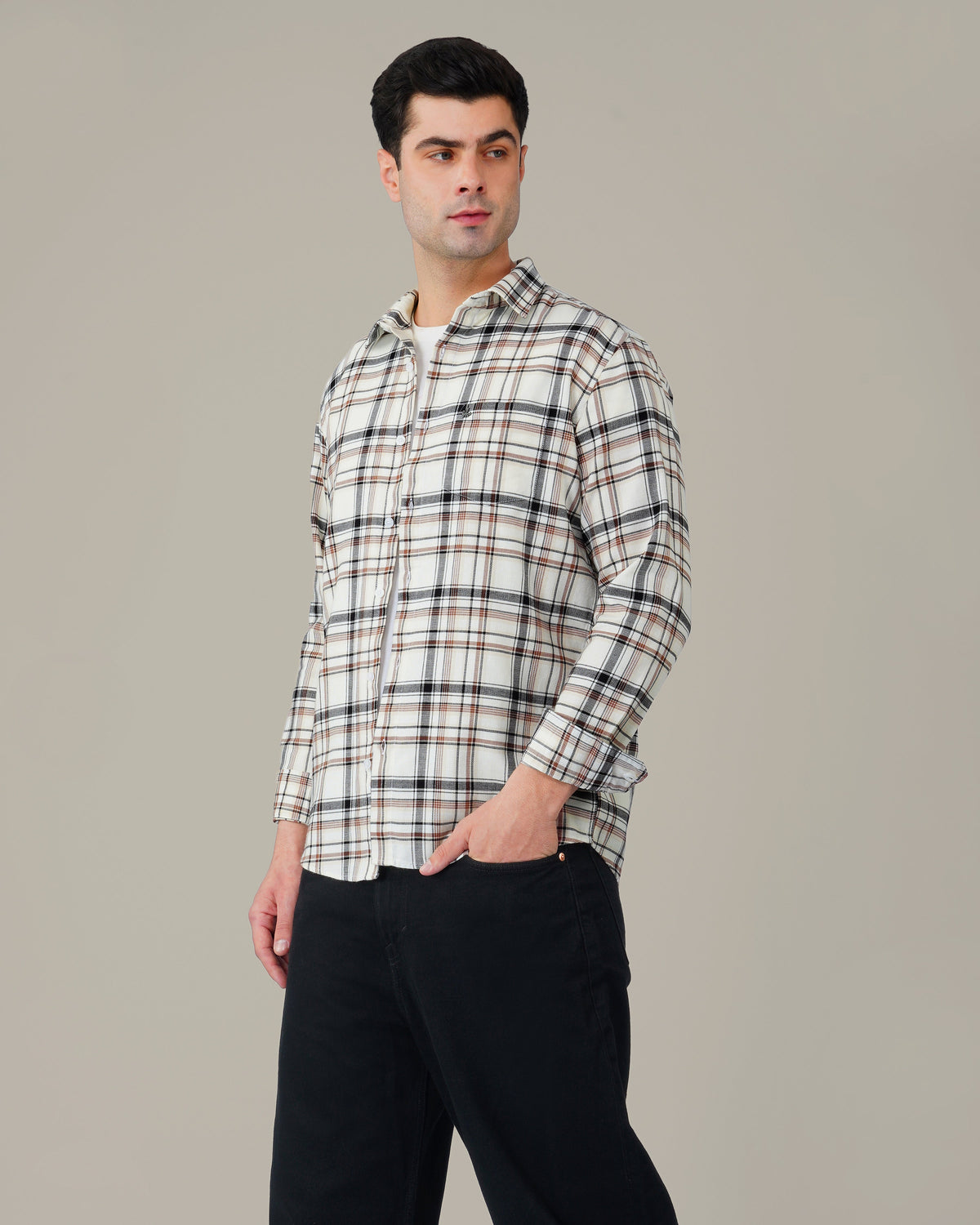 Beige and Black Plaid 100% Cotton Poplin Shirt