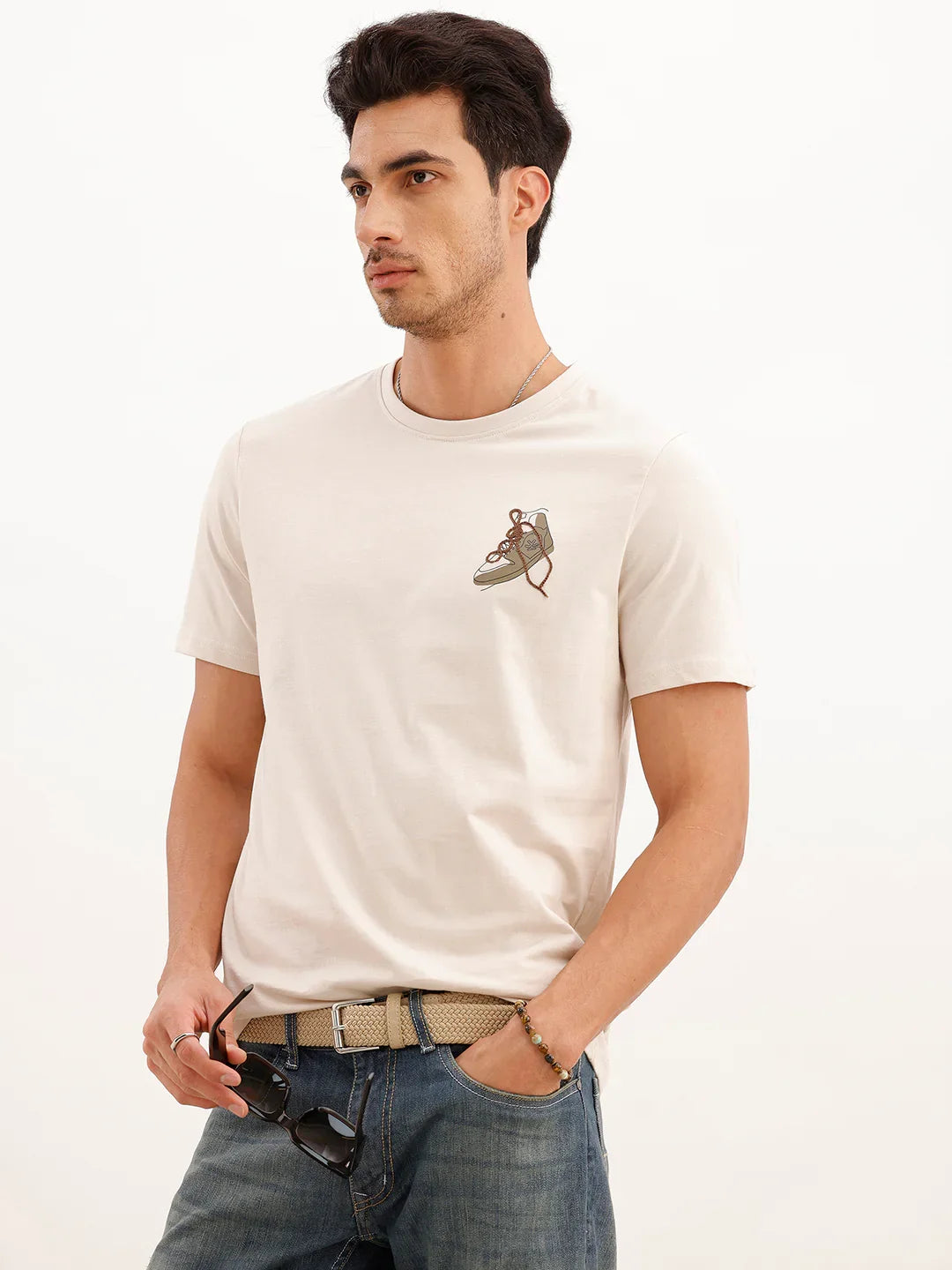 Slim Fit Emroidered Patch Detail T-Shirt | Beige
