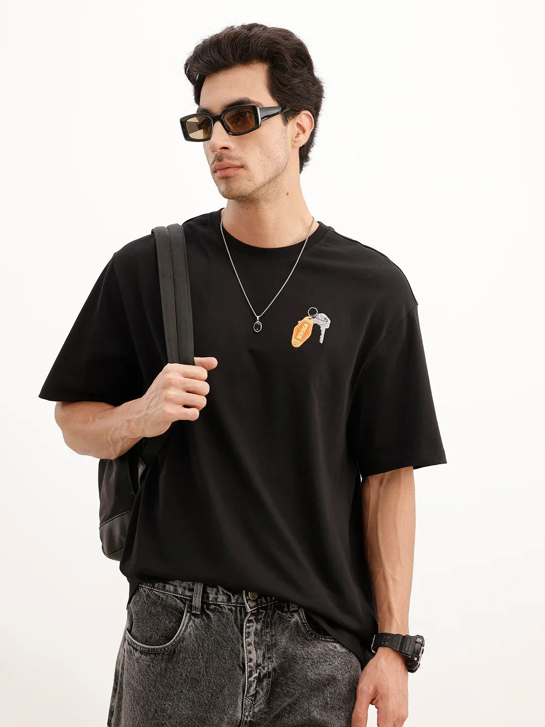 Oversized Emroidered Patch Detail T-Shirt | Black