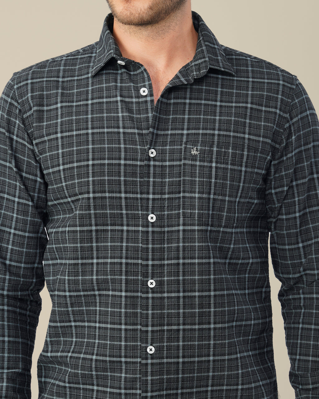Charcoal Gray Plaid Dobby Check Linen Plus Blend Shirt
