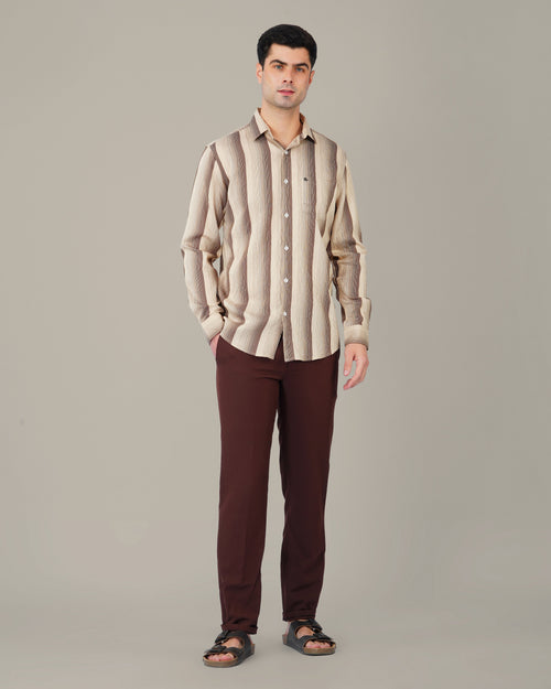 Beige and Brown Striped Viscose-Nylon Blend Button-Up Shirt