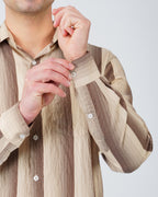 Beige and Brown Striped Viscose-Nylon Blend Button-Up Shirt