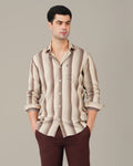 Beige and Brown Striped Viscose-Nylon Blend Button-Up Shirt