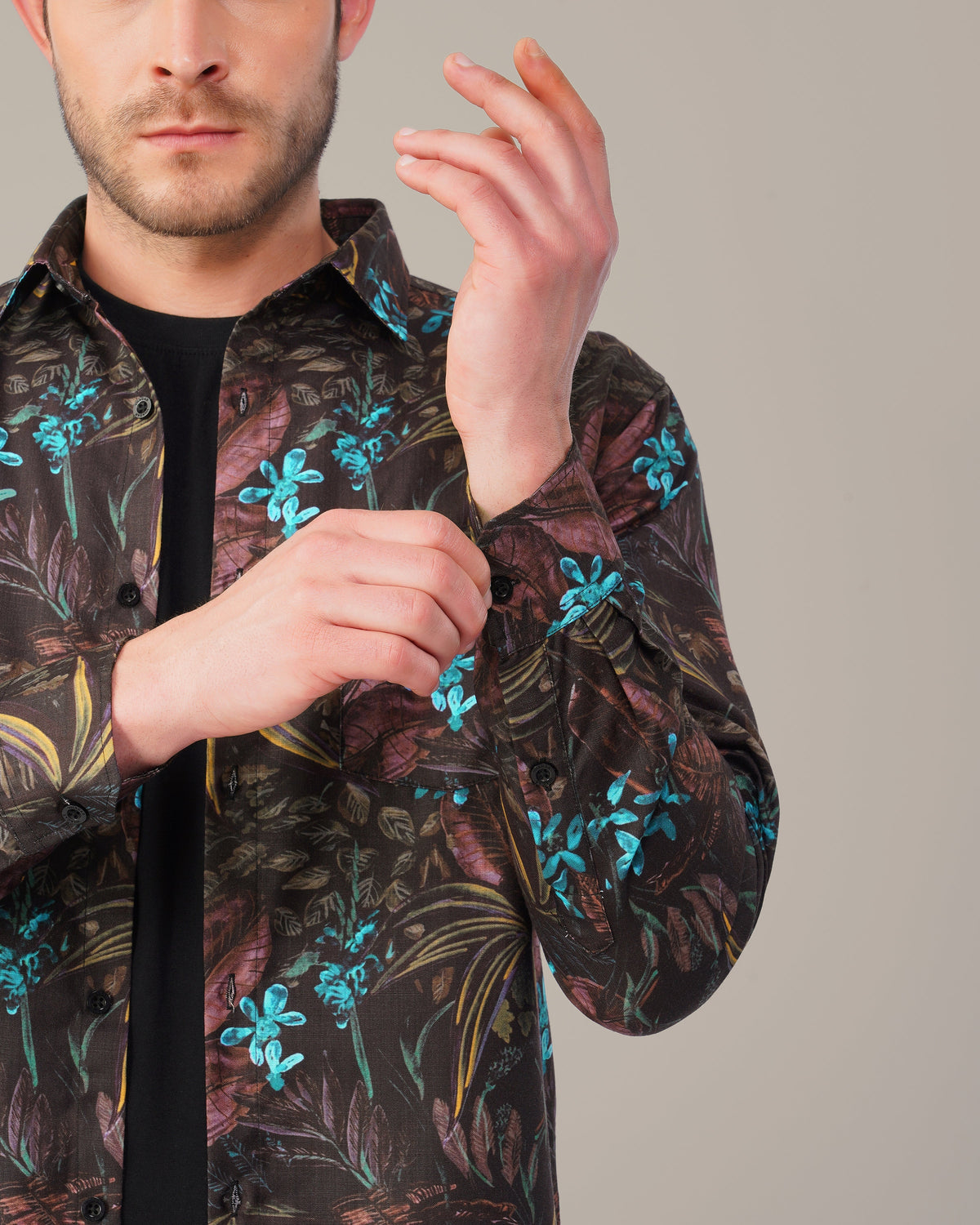 Black Floral Print 100% Polyester Shirt