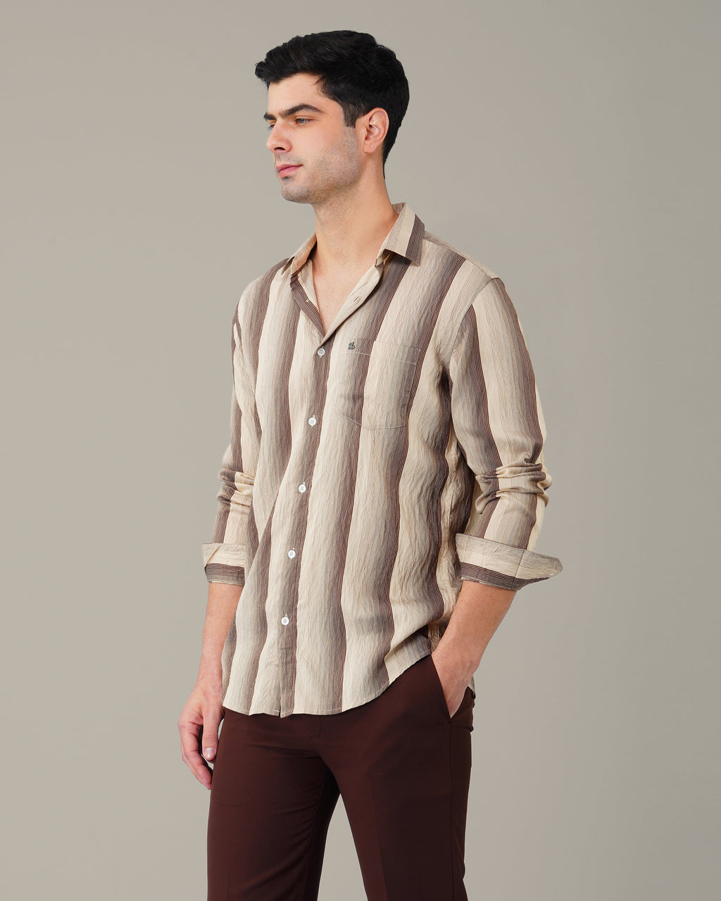 Beige and Brown Striped Viscose-Nylon Blend Button-Up Shirt