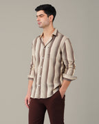 Beige and Brown Striped Viscose-Nylon Blend Button-Up Shirt