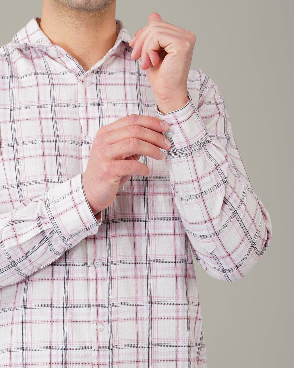 White and Pink Plaid 100% Cotton Slub Button-Up Shirt