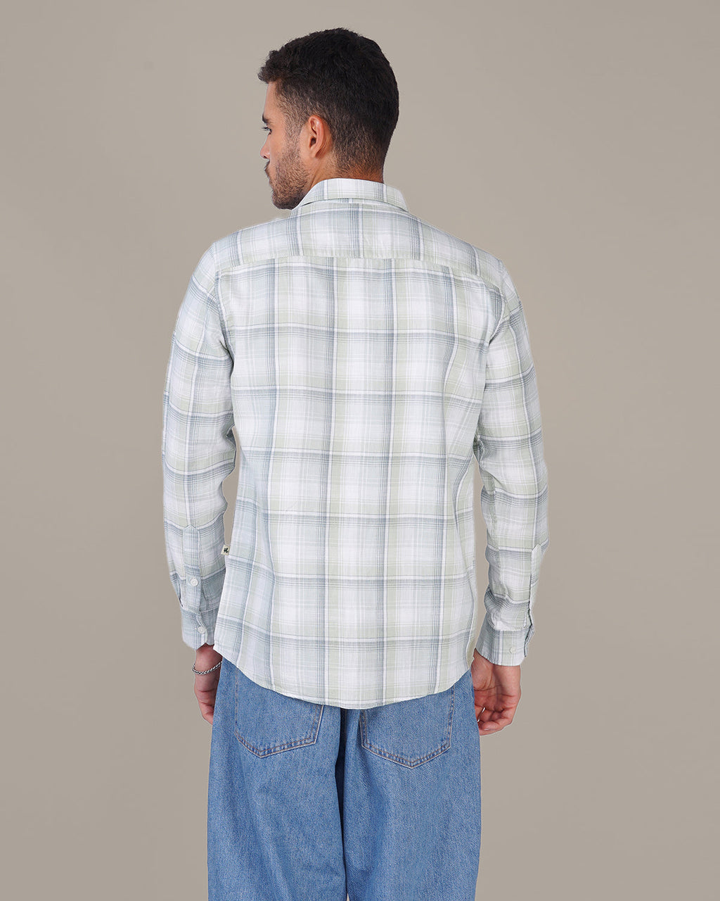Pastel Green and Light Blue Plaid Dobby Weave 100% Cotton Shirt
