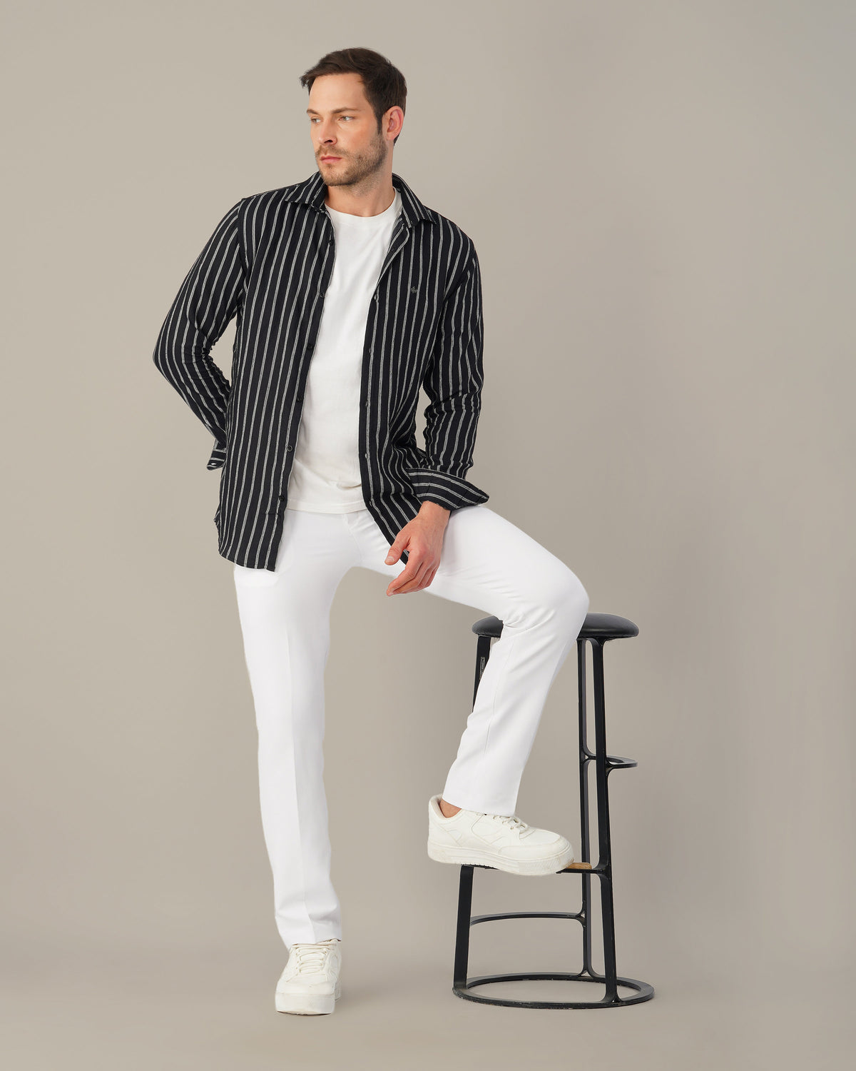 Black and White Striped Viscose-Nylon Blend Button-Up Shirt