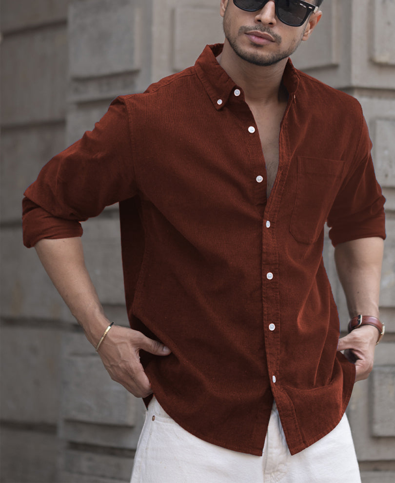 Brown Corduroy Regular Fit Full Sleeves Shirt 100% Cotton