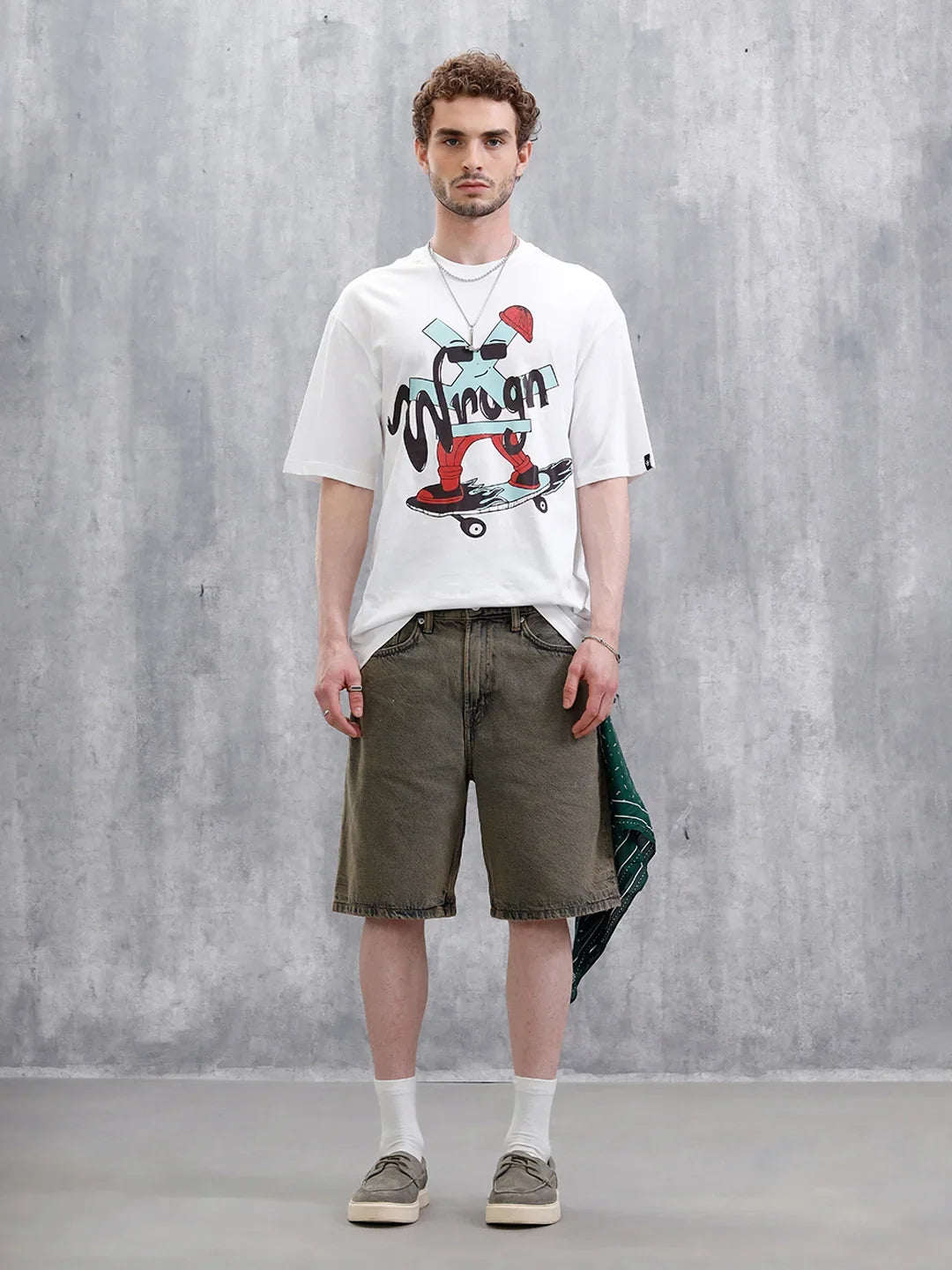 Skater Logo Printed Oversized Fit T-Shirt | White