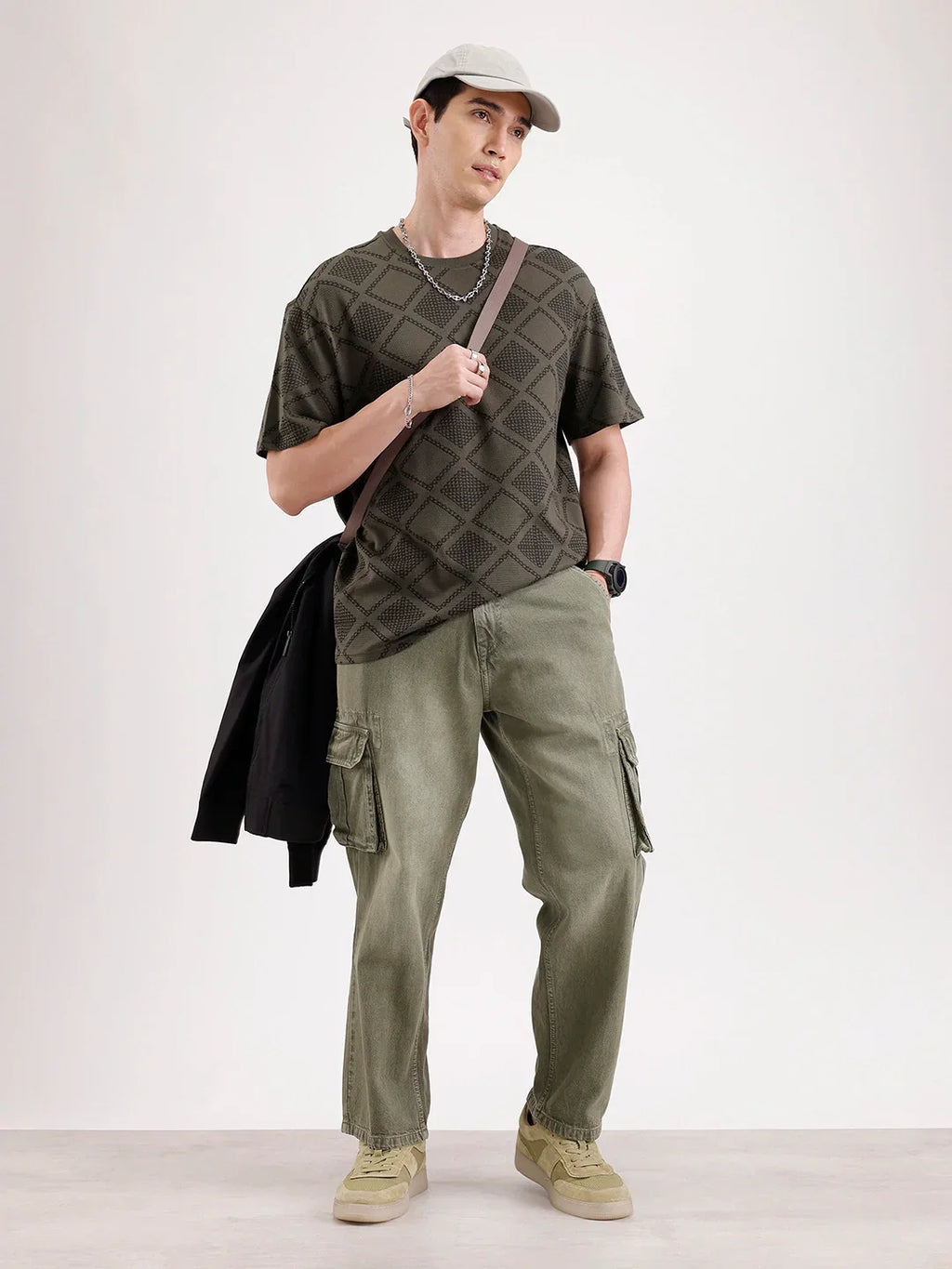Oversized Popcorn Textured AOP T-Shirt | Olive