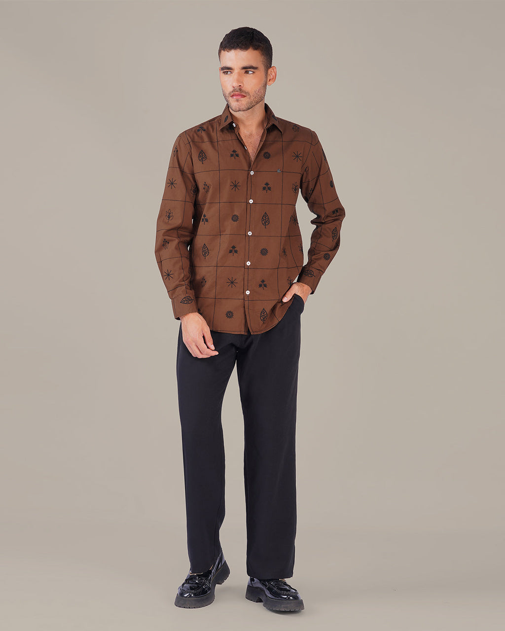 Brown Checkered Cotton-rich Linen-style Shirt