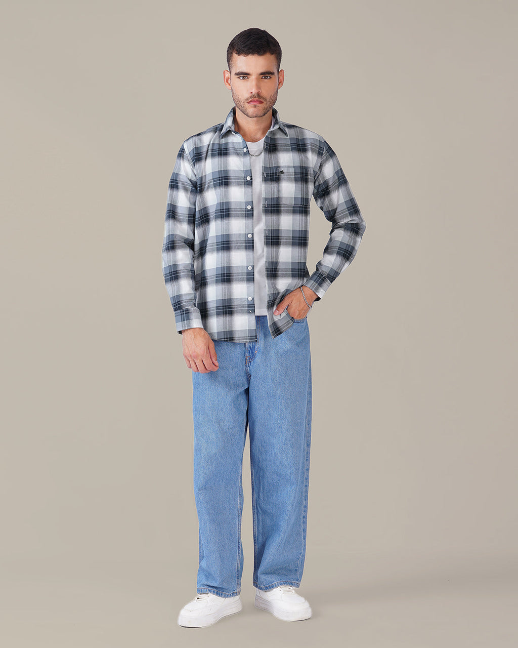 Navy and White Checkered 100% Cotton Oxford Shirt