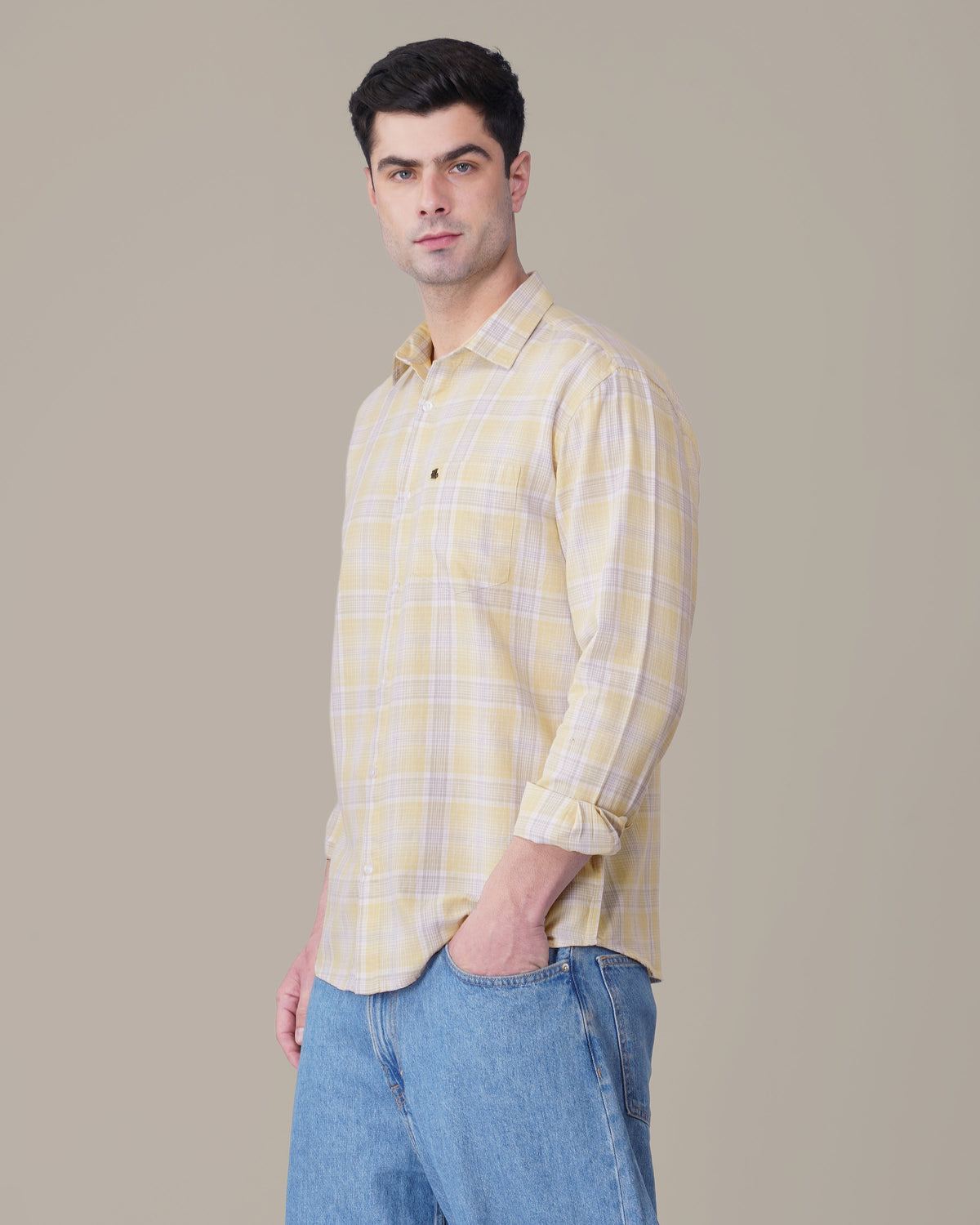 Pale Yellow and Blue Plaid 100% Cotton Long Sleeve Shirt