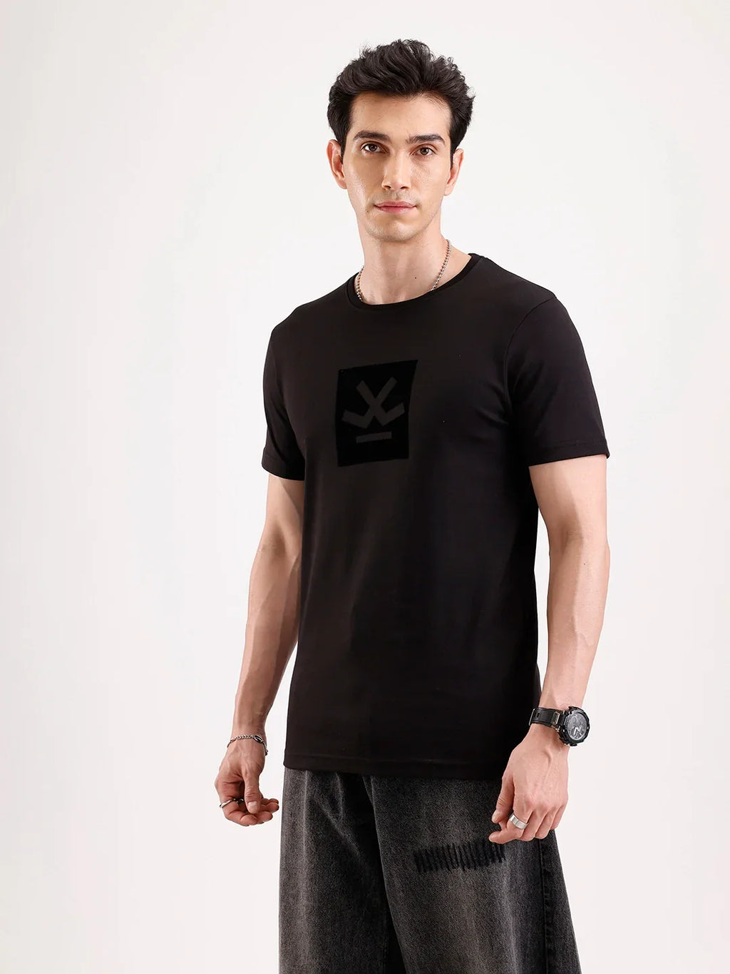 Solid Flock Printed T-Shirt   |  Black