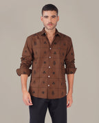 Brown Checkered Cotton-rich Linen-style Shirt