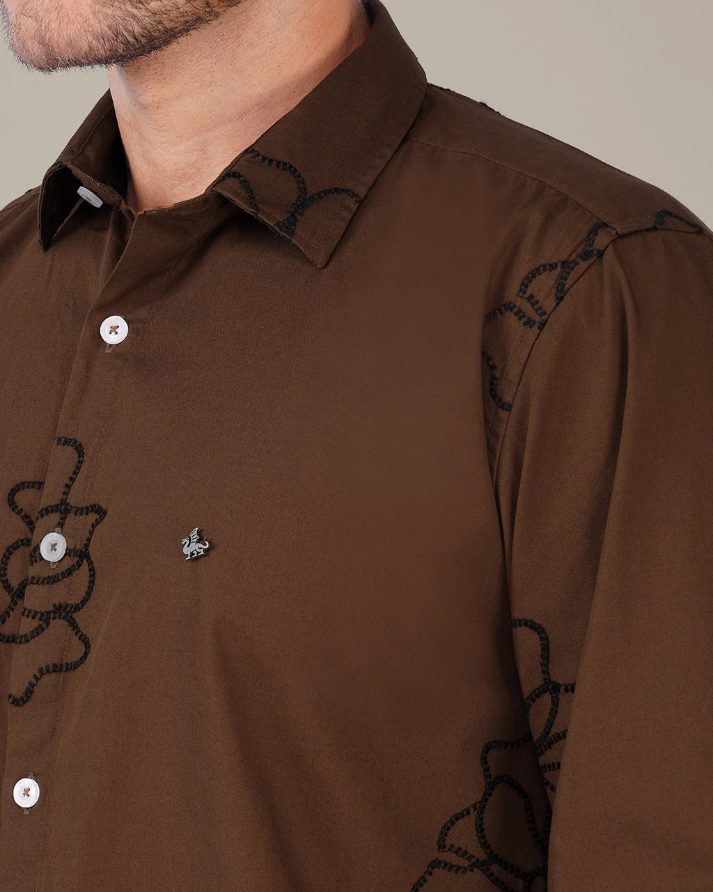 Brown Floral Cotton-Rich Poplin Blend Shirt