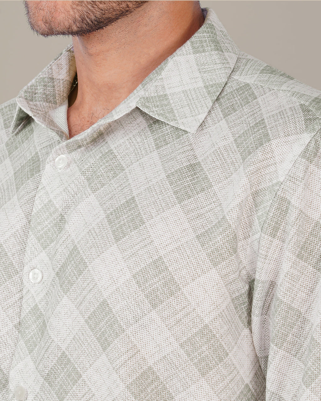 Light Gray Gingham Dobby Print 100% Polyester Shirt