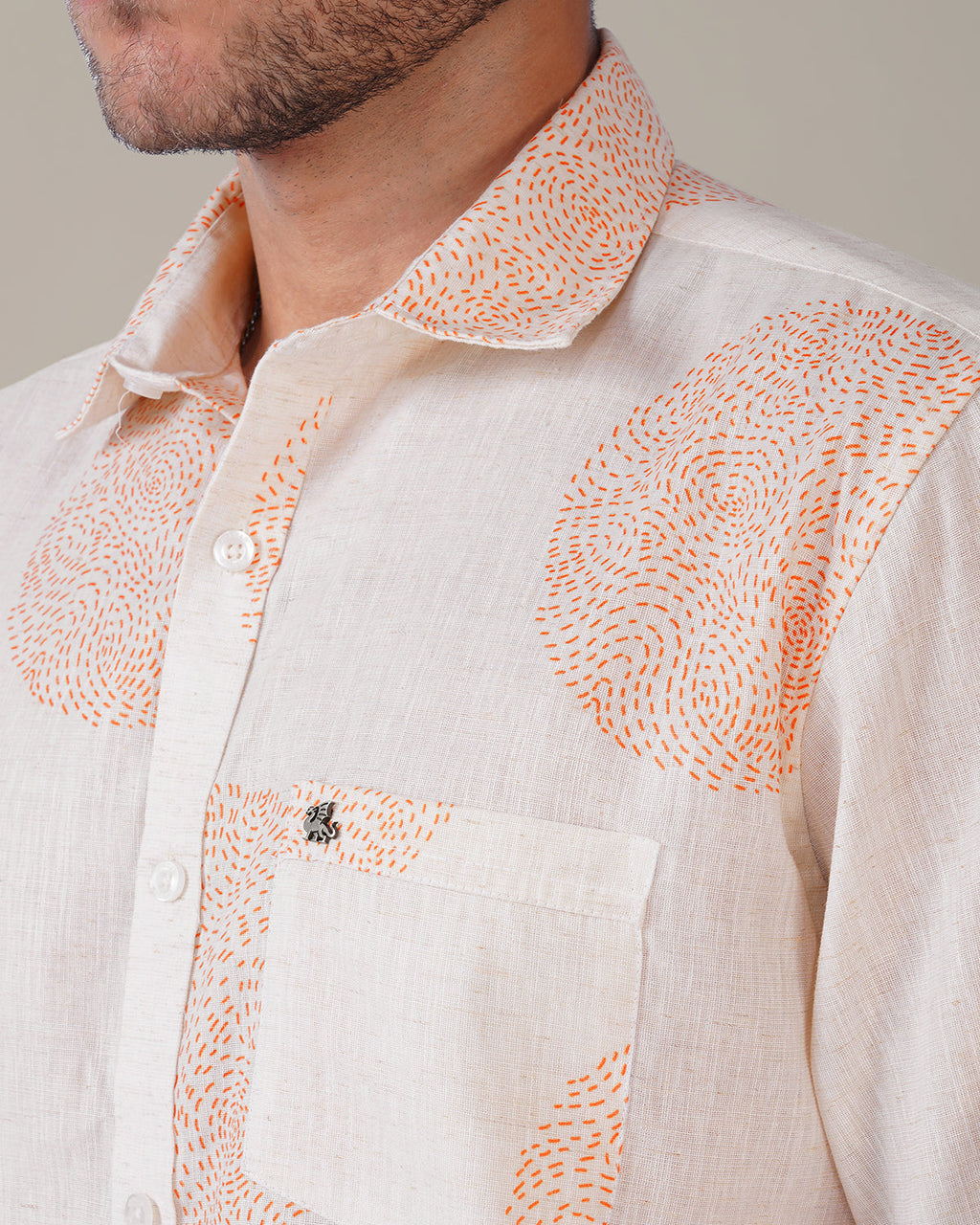 Natural Slub Plain Cream Polka Dot 100% Poly/Linen Blend Shirt