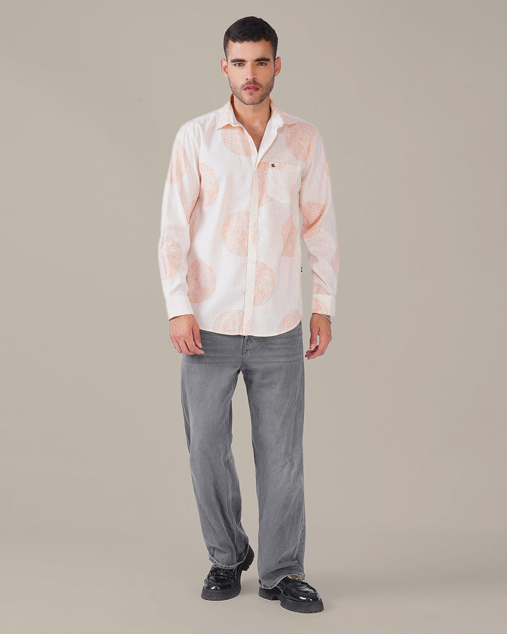 Natural Slub Plain Cream Polka Dot 100% Poly/Linen Blend Shirt