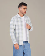 Pastel Green and Light Blue Plaid Dobby Weave 100% Cotton Shirt