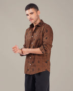 Brown Checkered Cotton-rich Linen-style Shirt