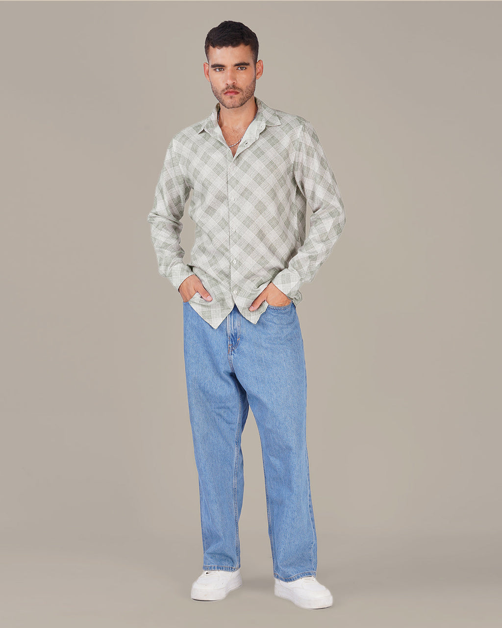 Light Gray Gingham Dobby Print 100% Polyester Shirt