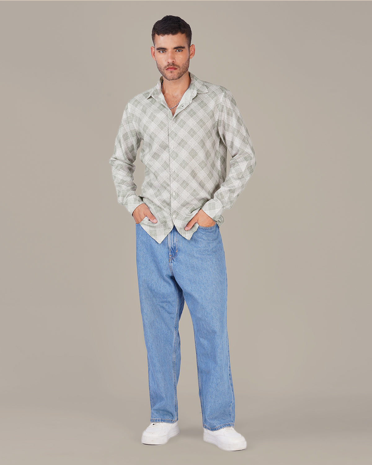 Light Gray Gingham Dobby Print 100% Polyester Shirt