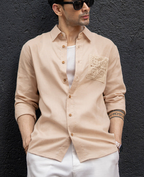 Beige Linen Crochet Patch Shirt