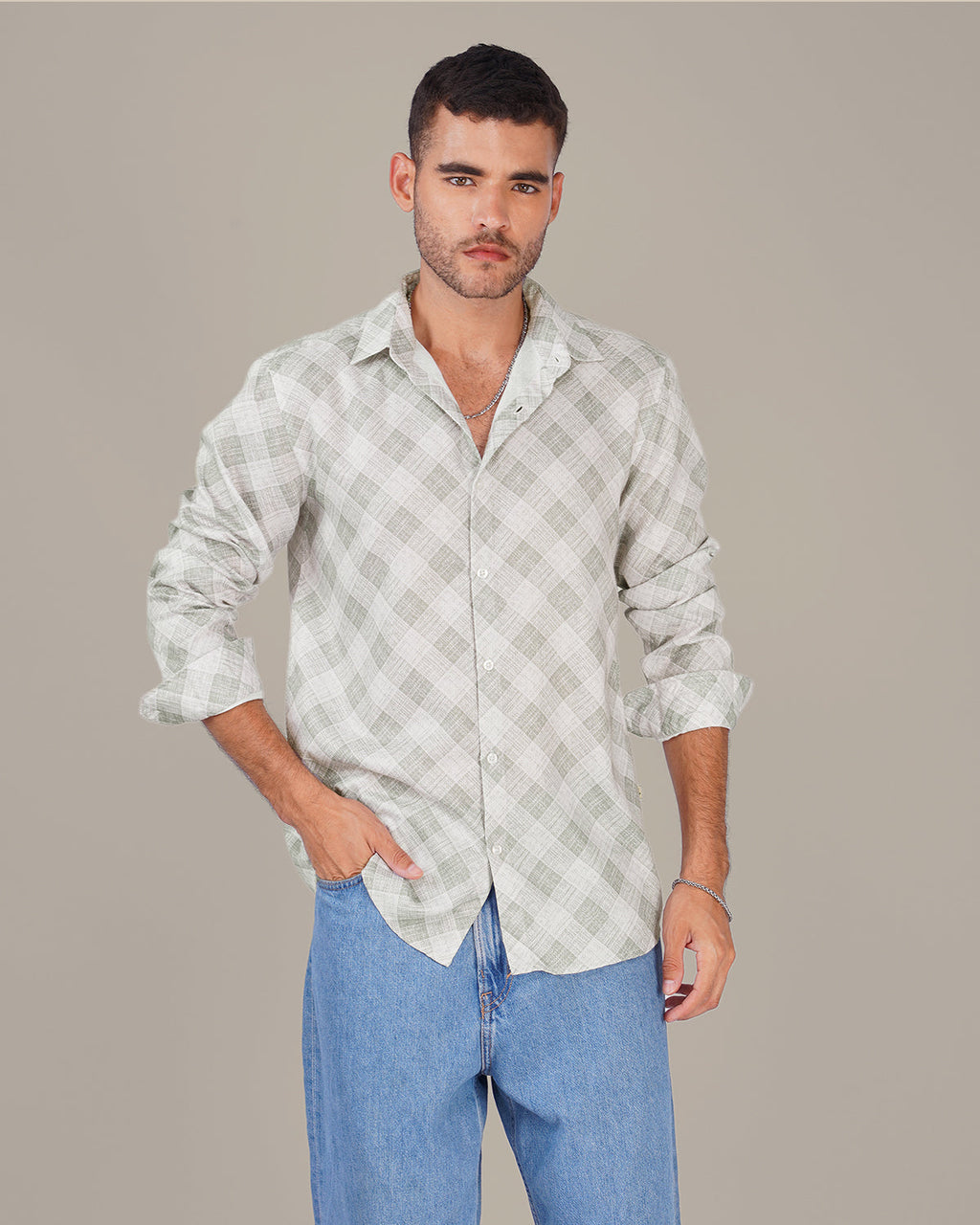 Light Gray Gingham Dobby Print 100% Polyester Shirt