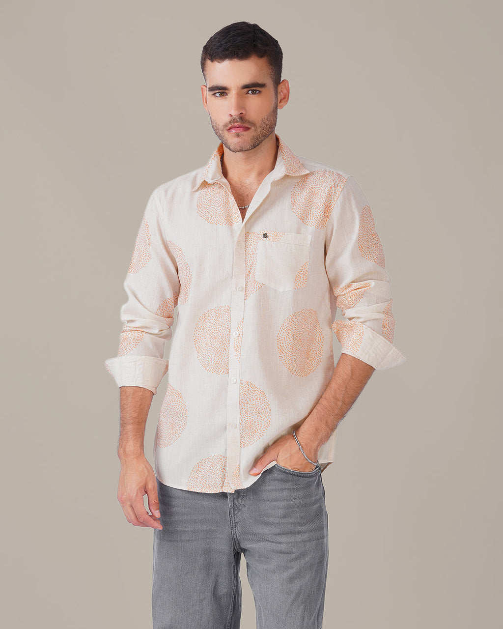 Natural Slub Plain Cream Polka Dot 100% Poly/Linen Blend Shirt
