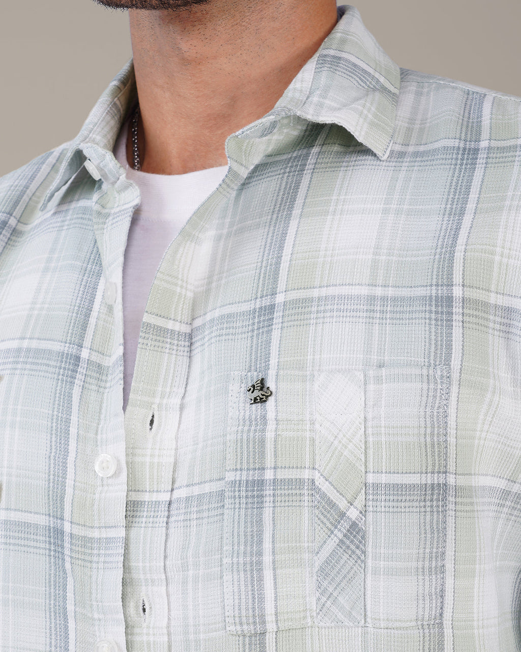 Pastel Green and Light Blue Plaid Dobby Weave 100% Cotton Shirt