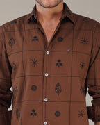 Brown Checkered Cotton-rich Linen-style Shirt