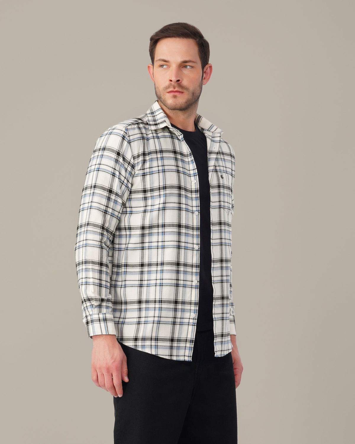Navy and Black Plaid 100% Cotton Poplin Shirt