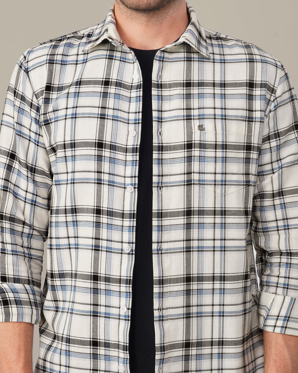 Navy and Black Plaid 100% Cotton Poplin Shirt