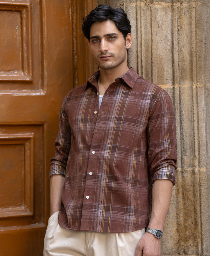 Brown Corduroy Check Shirt 100% Cotton