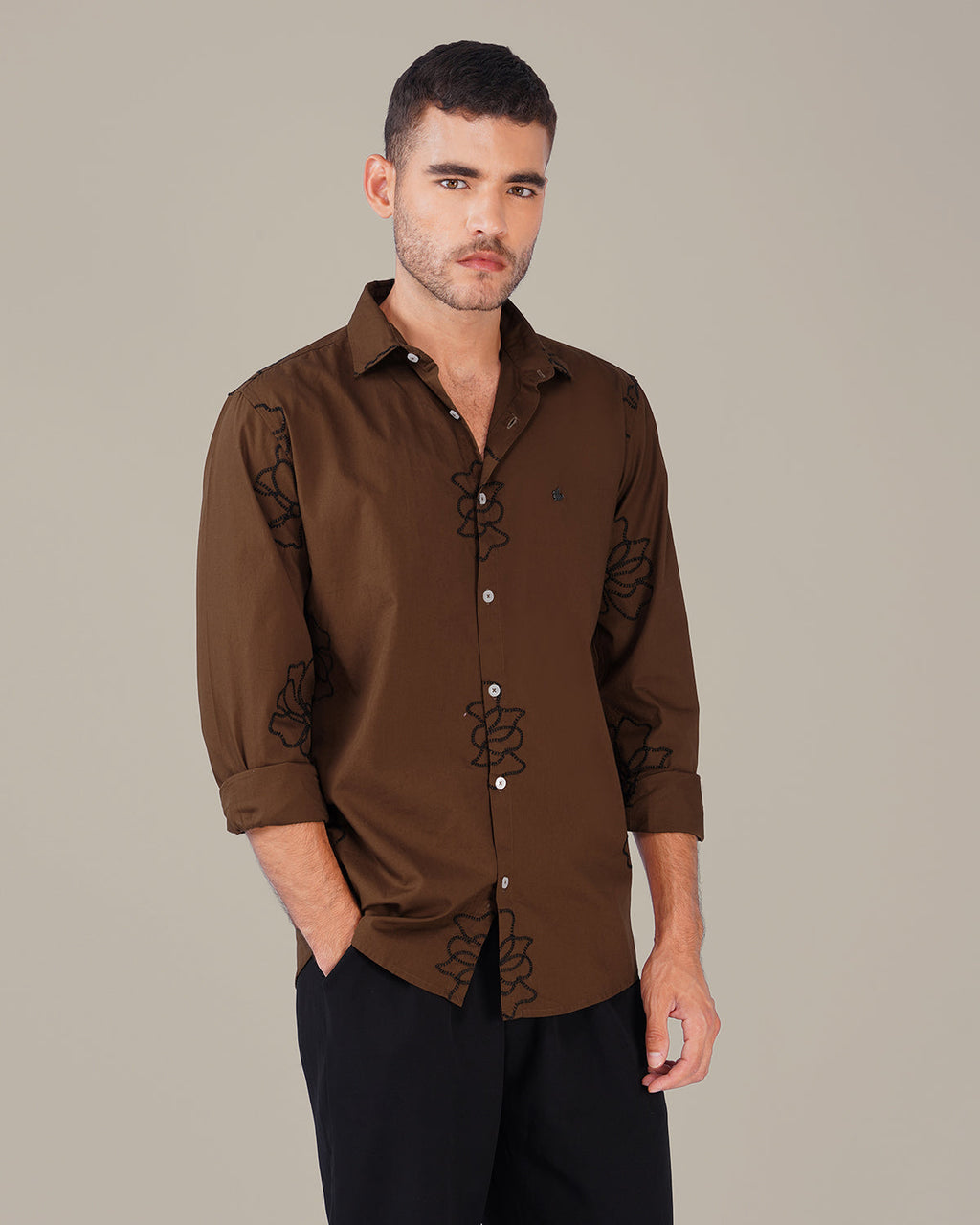 Brown Floral Cotton-Rich Poplin Blend Shirt