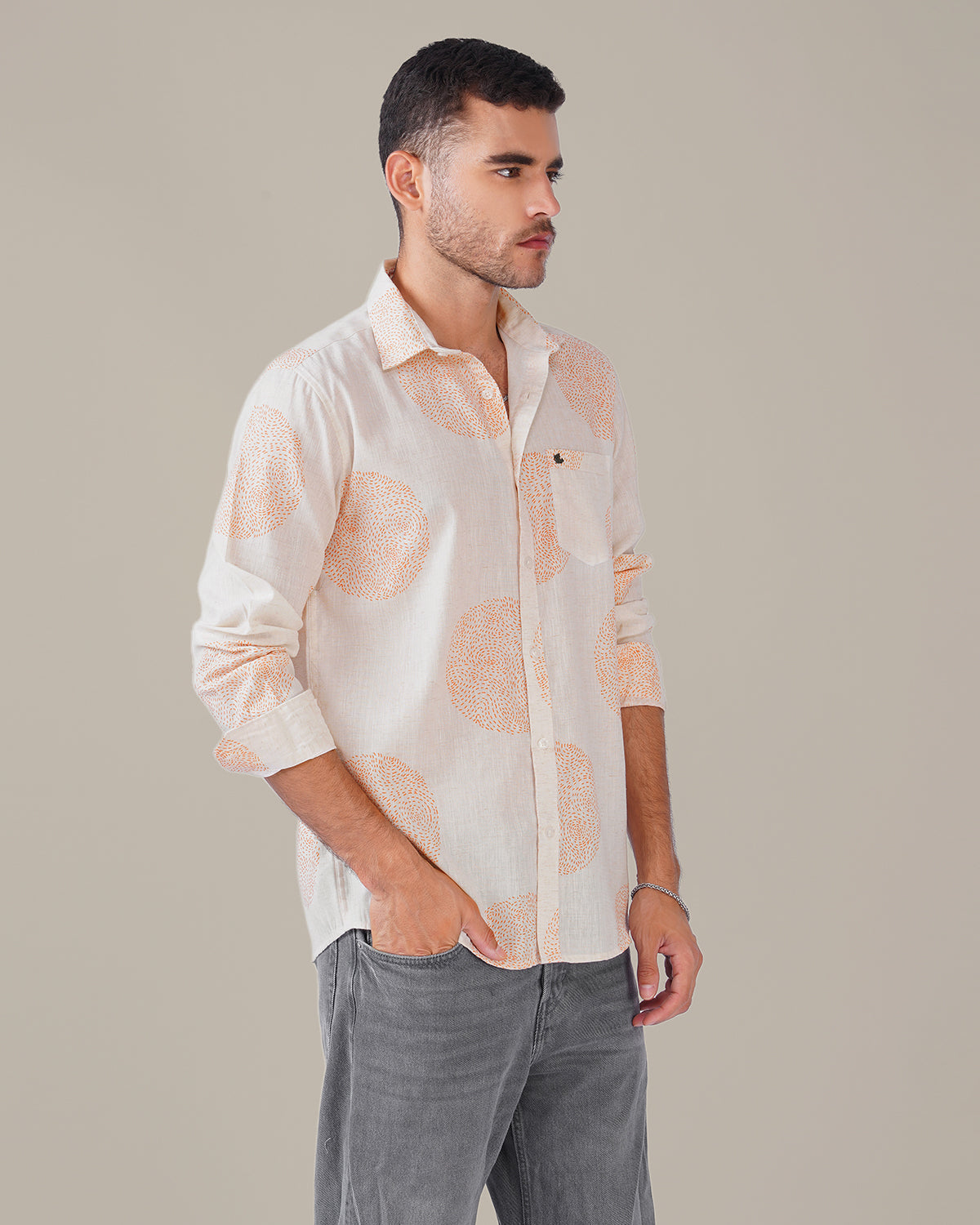 Natural Slub Plain Cream Polka Dot 100% Poly/Linen Blend Shirt