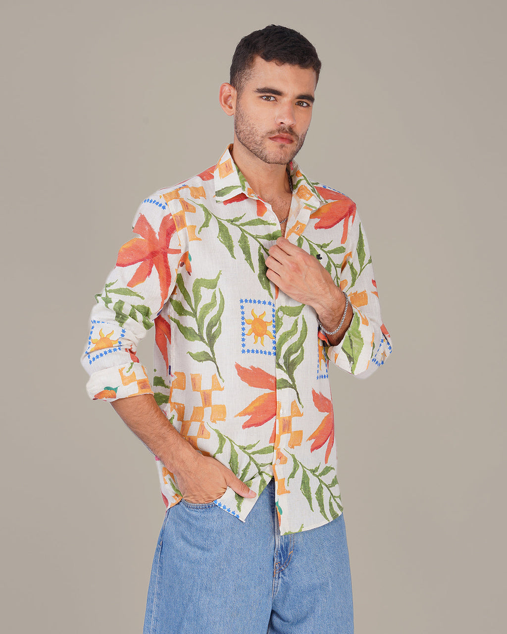 Natural Slub Floral Print Poly-Linen Blend Shirt