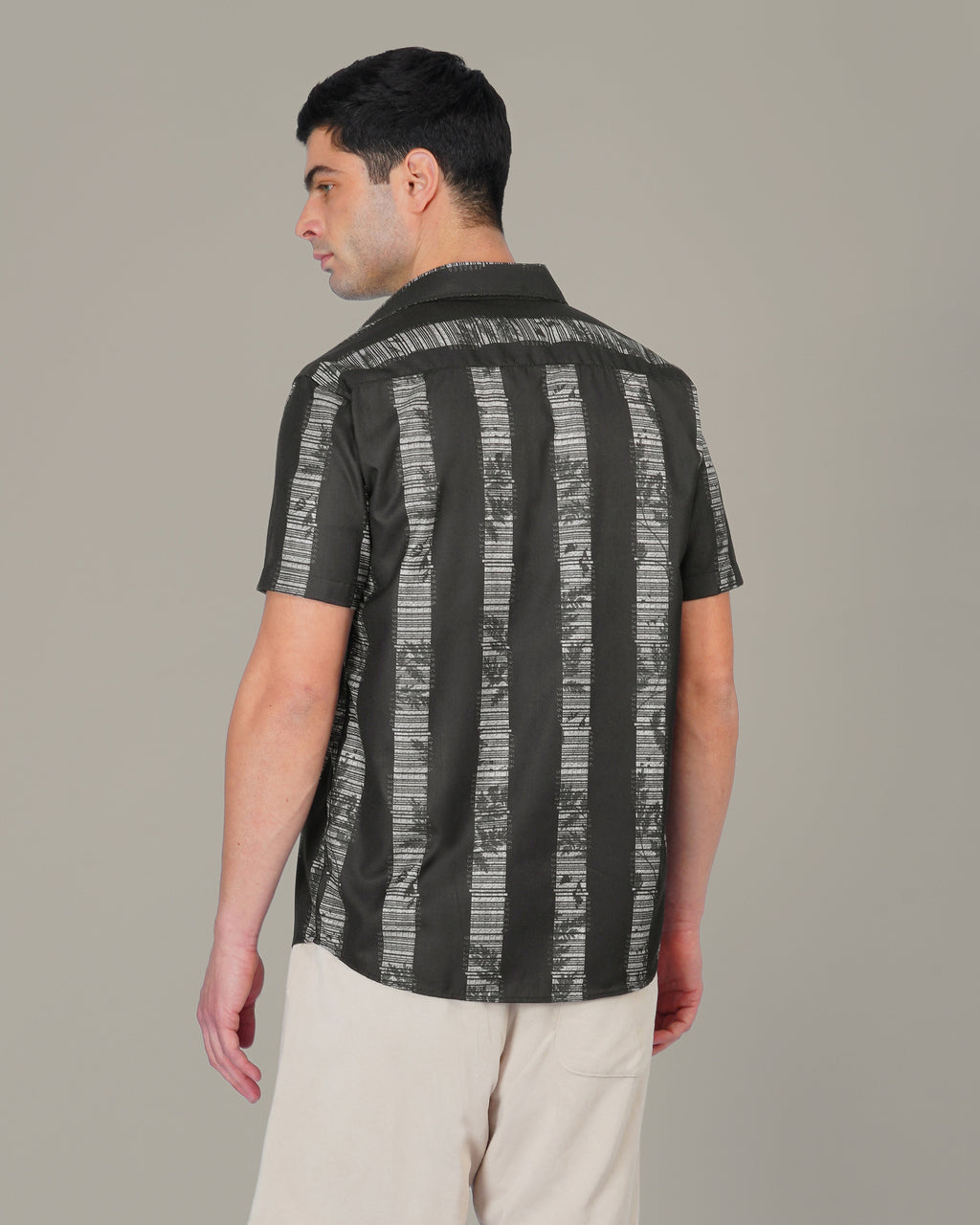 Black and White Striped 100% Polyester Button-Up Shirt