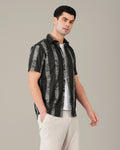 Black and White Striped 100% Polyester Button-Up Shirt