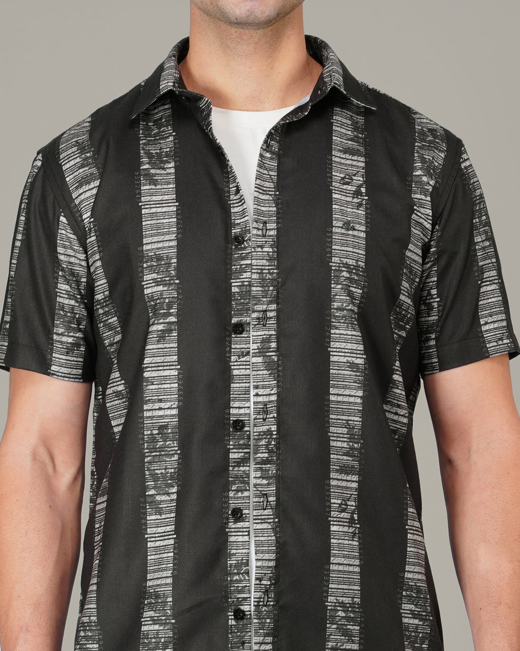 Black and White Striped 100% Polyester Button-Up Shirt