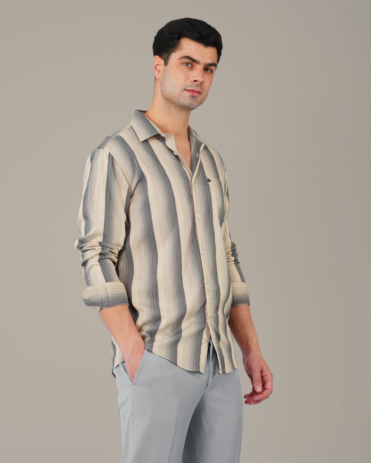Beige and Navy Striped Viscose-Nylon Blend Button-Up Shirt